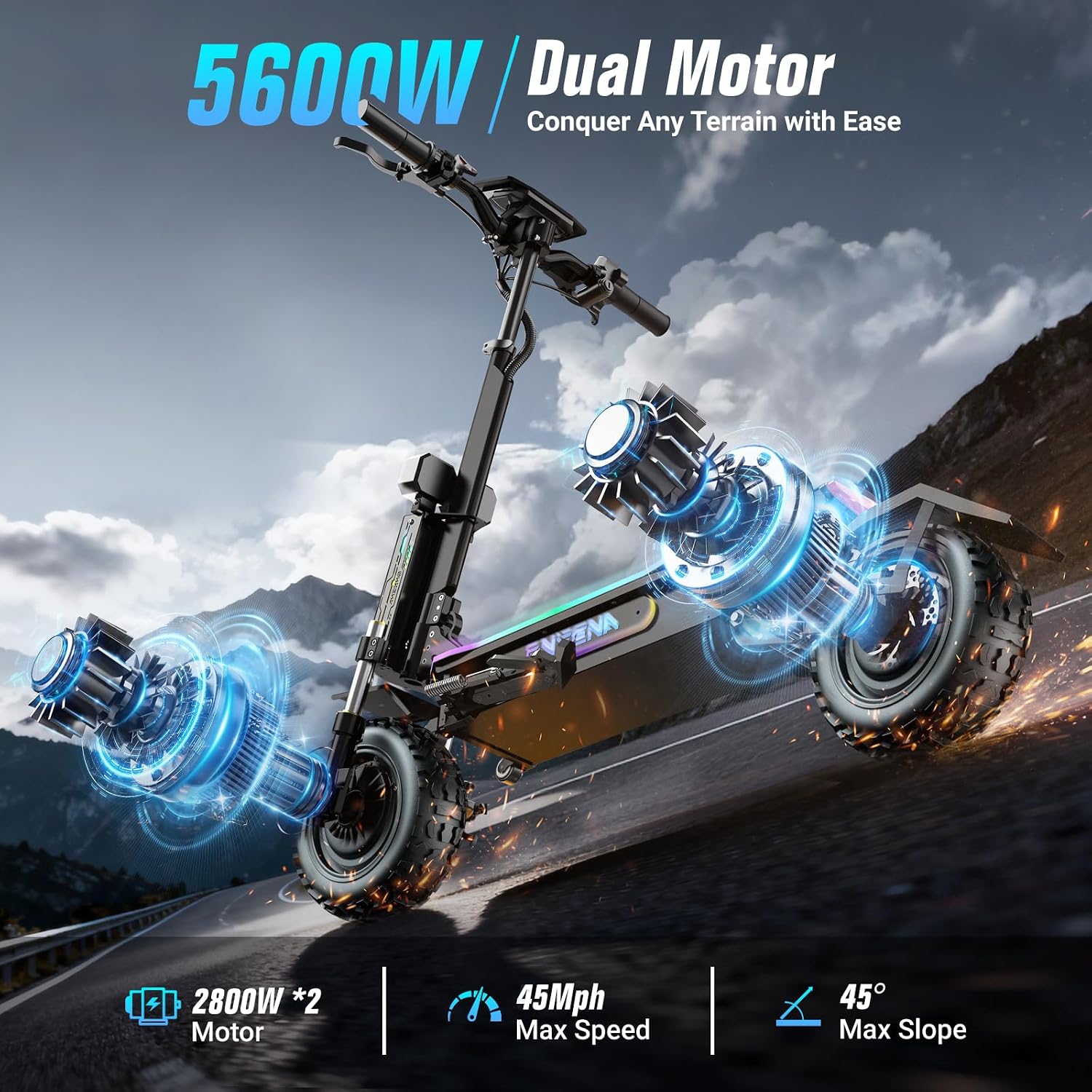 60V 5600W Dual Motor Electric Scooter - สกู๊ตเตอร์ไฟฟ้าสำหรับผู้ใหญ่ – กำลังมอเตอร์คู่ 5600 วัตต์, ความเร็วสูงสุด